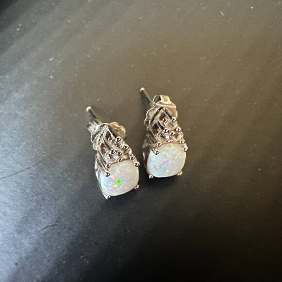 Opal Cubic Zirconia Earrings Studs .925 Sterling Brand New - Picture 3 of 3
